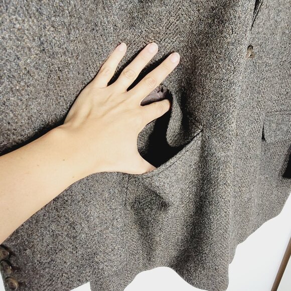 Perry Ellis Brown Grey Tweed 100% Wool Professor Business Casual Blazer Size 42 - Picture 6 of 14